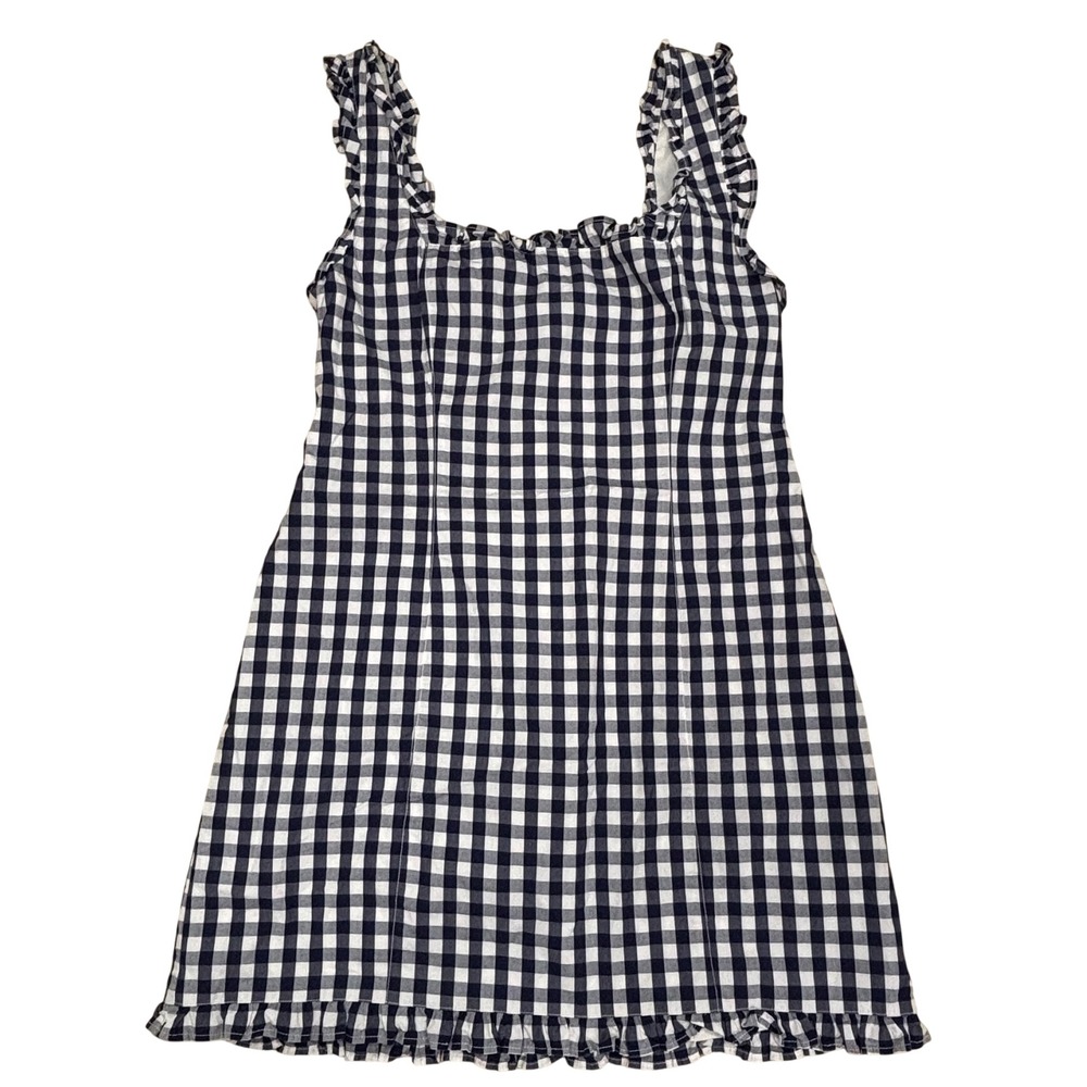 J.Crew Womens Size 8 Navy Blue White Gingham Check Smocked Mini Dress Ruffle
